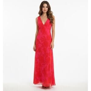 Hello Molly Chiffon Red Pink Maxi Dress Floral V Neck 8 NEW Wedding Date Night